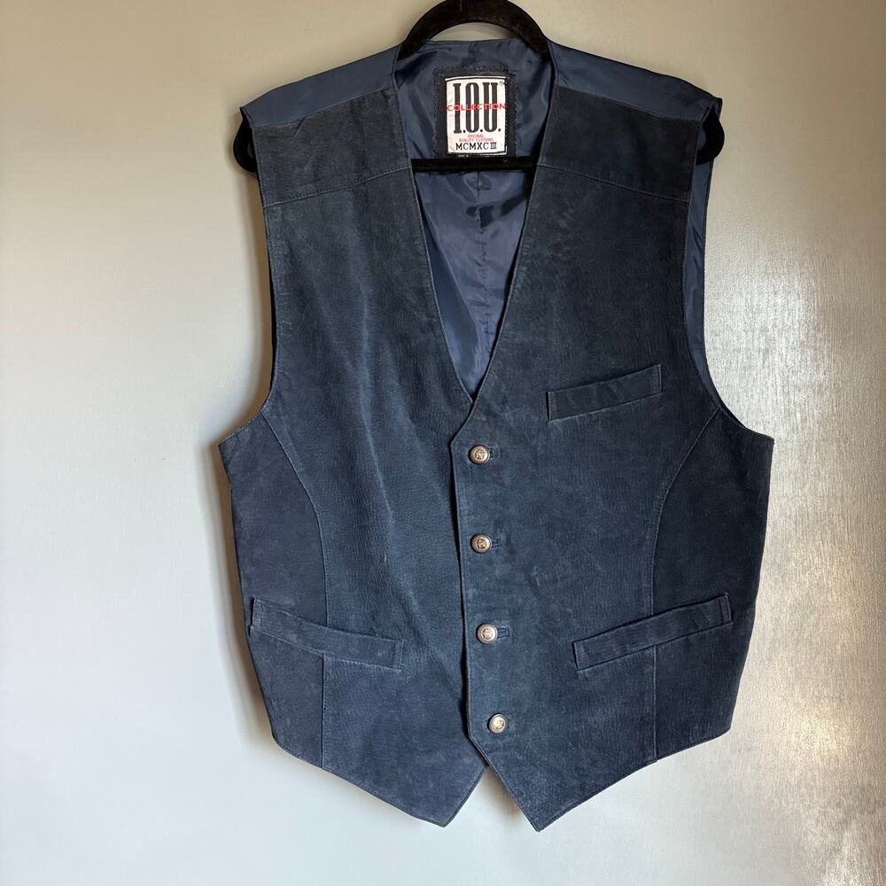 Vintage IOU Men's XL Blue Leather Vest Retro Oklahoma Buttons Western Cowboy